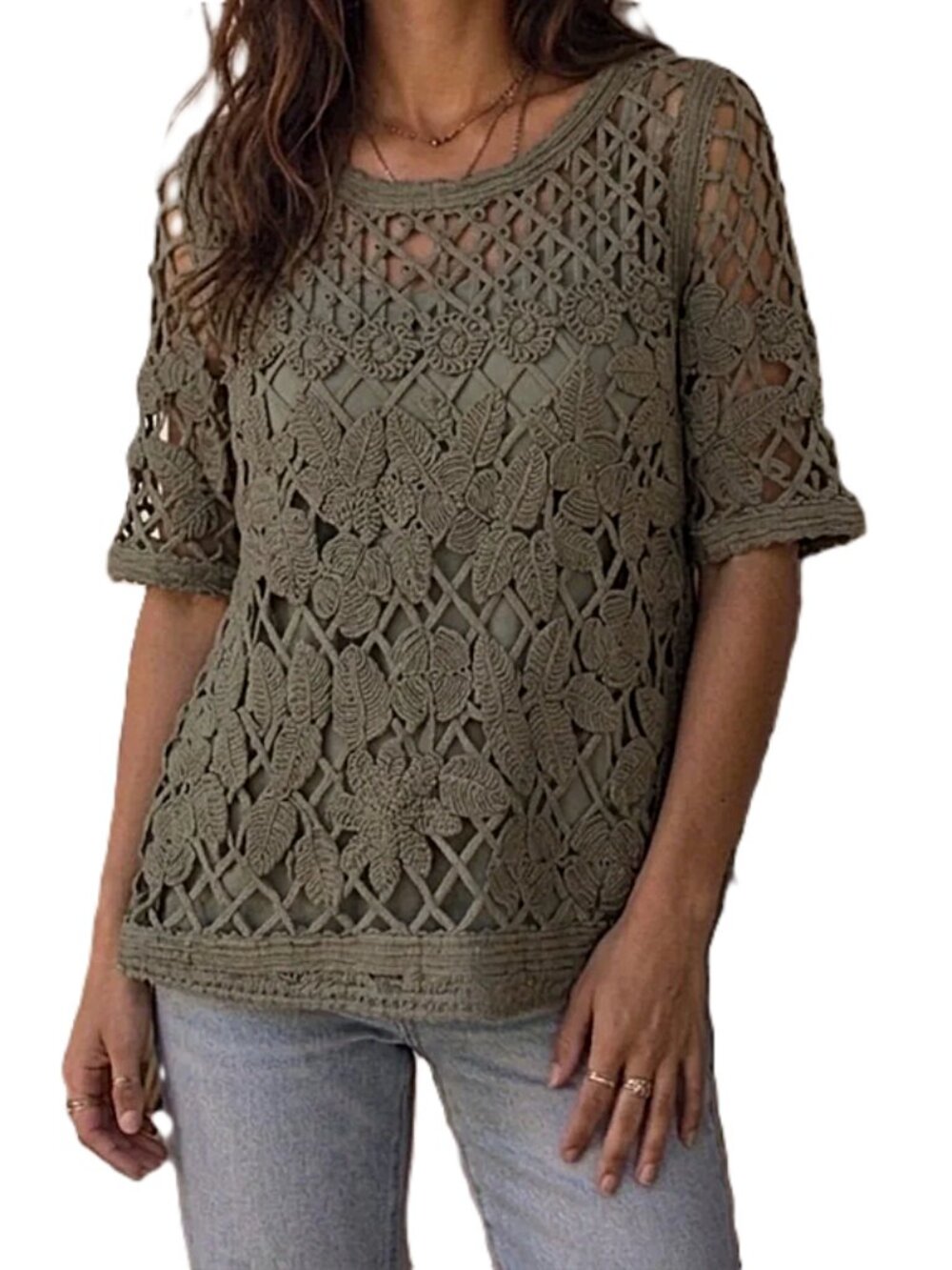 Chico's Crochet Lace Olive Bohemian Sweater size 1